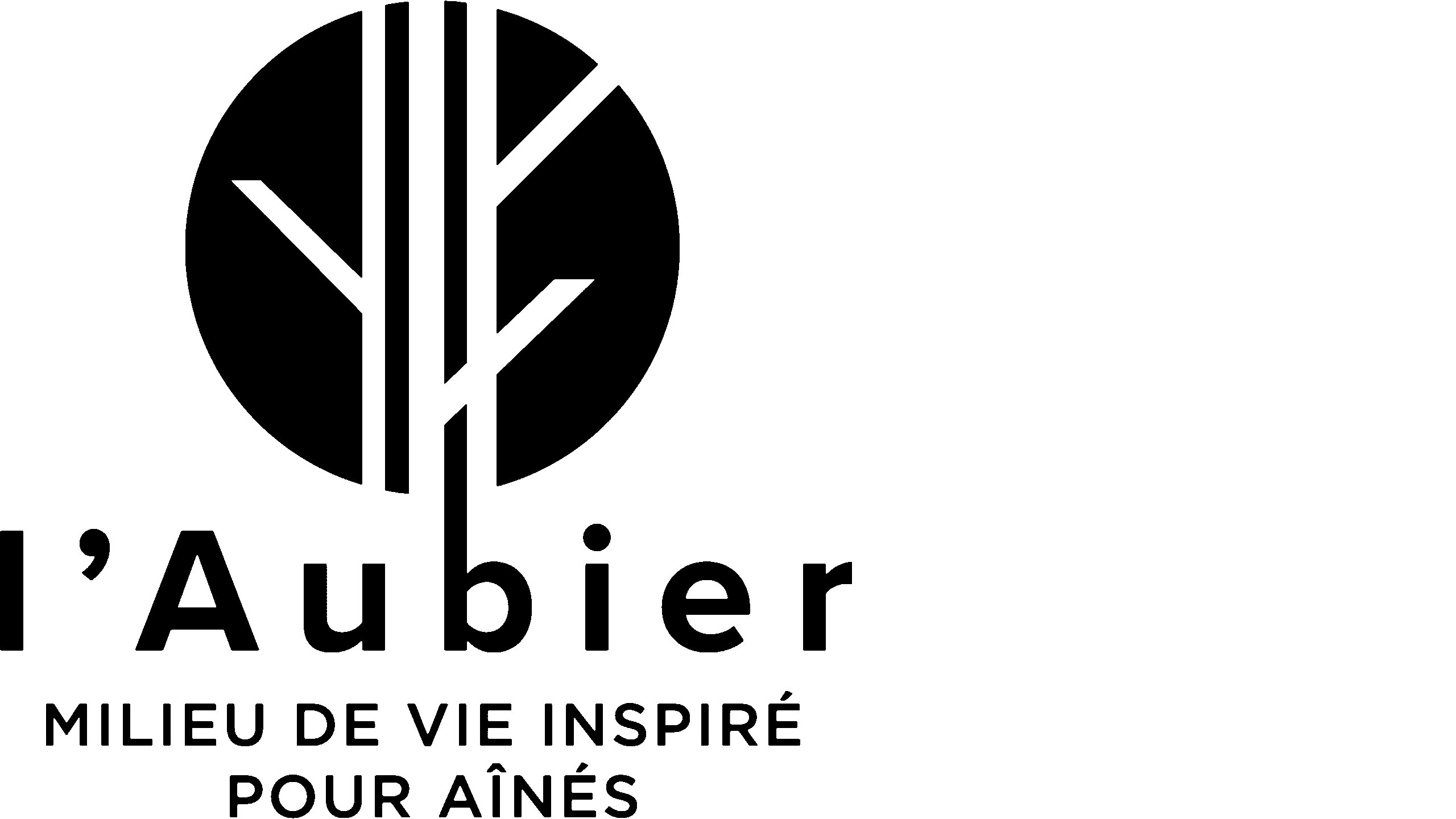 Black and white logo with a stylized tree inside a circle above the text “l’Aubier” and “Milieu de vie inspiré pour aînés” on a light gray background.