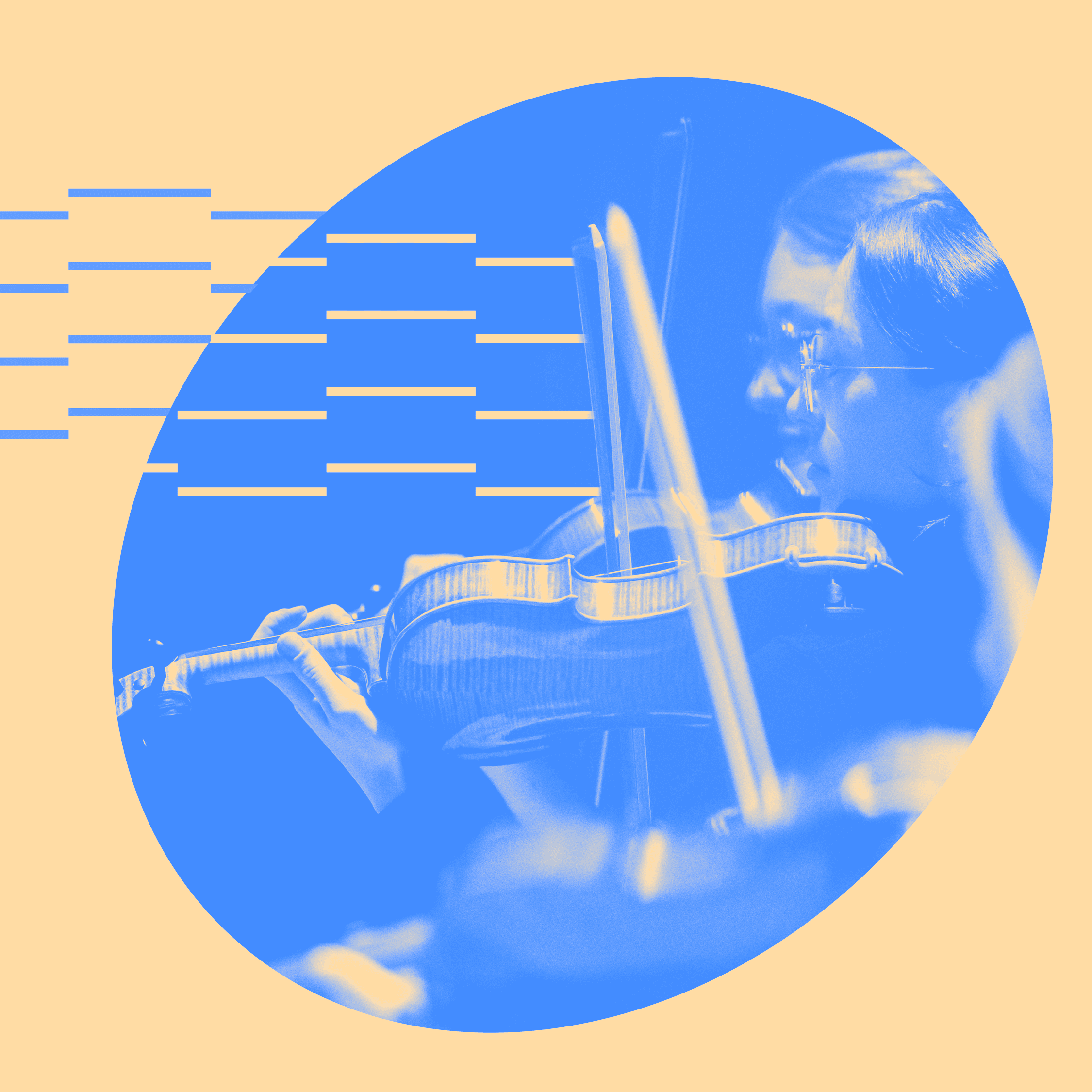 A blue-tinted photo of violinists playing in an orchestra, overlaid on a yellow background with abstract horizontal lines and an oval shape framing the musicians.