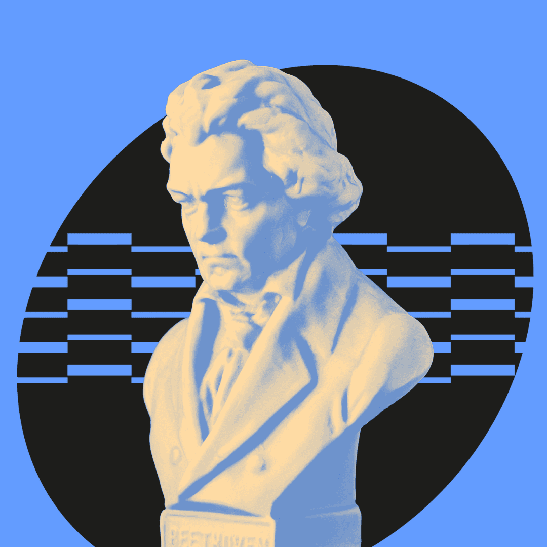 Bust of a classical composer against a blue background with a black oval and horizontal white lines, creating a modern, graphic design effect.