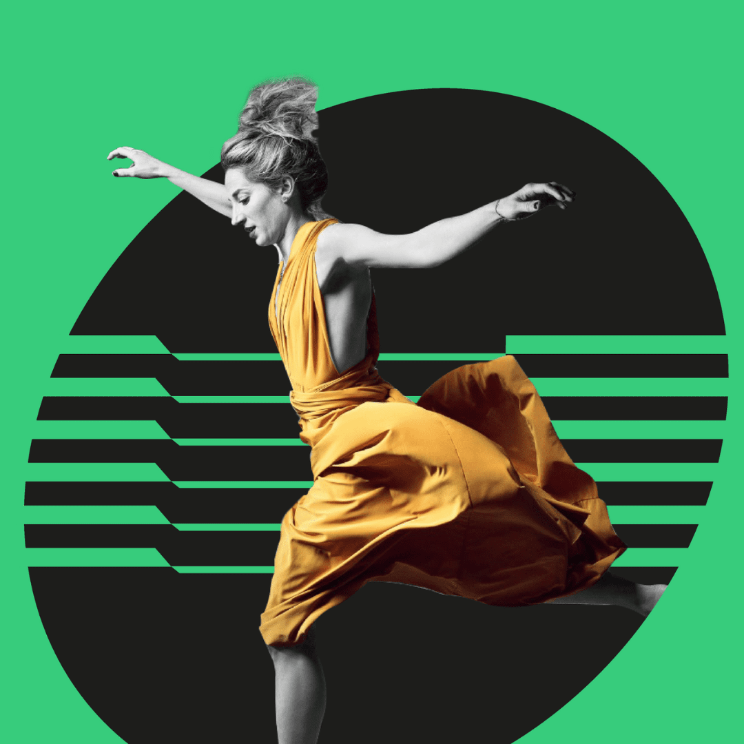 A woman in a flowing yellow dress leaps gracefully against a green background with black geometric shapes and lines.