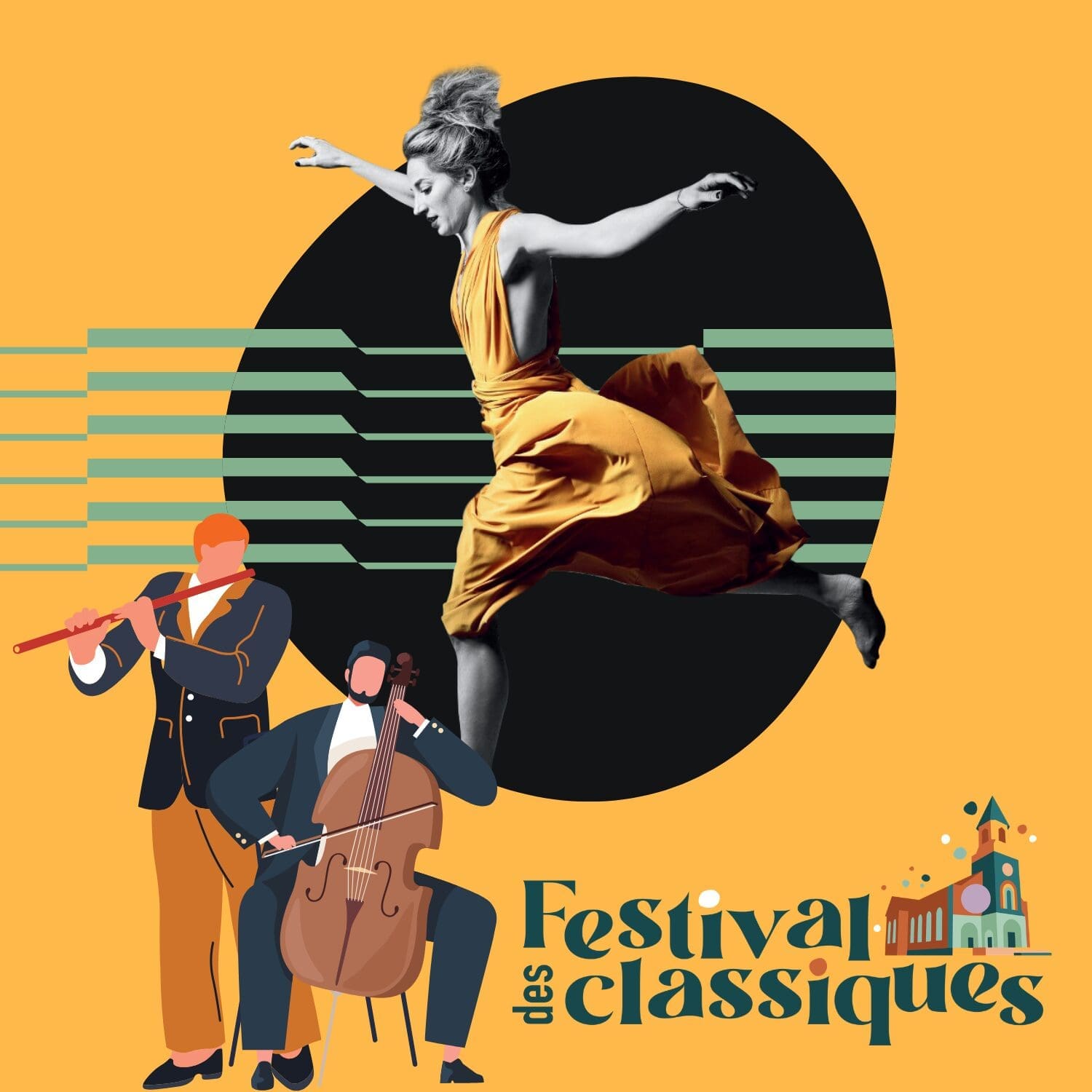 Une femme en robe jaune saute joyeusement sur des touches de piano stylisées, aux côtés de musiciens illustrés jouant de la flûte et du violoncelle, avec le texte 