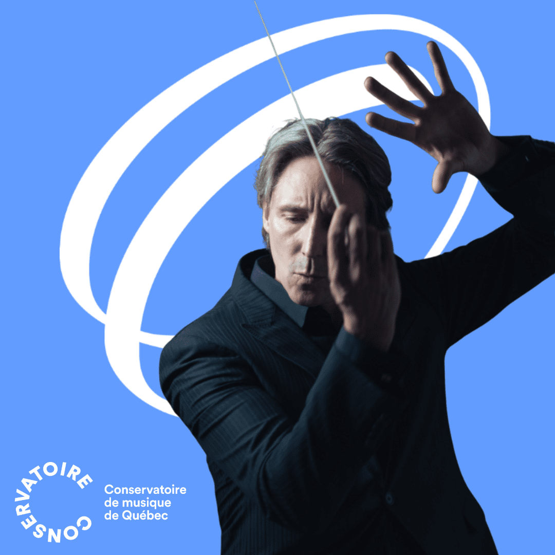 A conductor in a black suit gestures dramatically against a blue background with a white spiral design. The Conservatoire de musique de Québec logo appears in the bottom left corner.