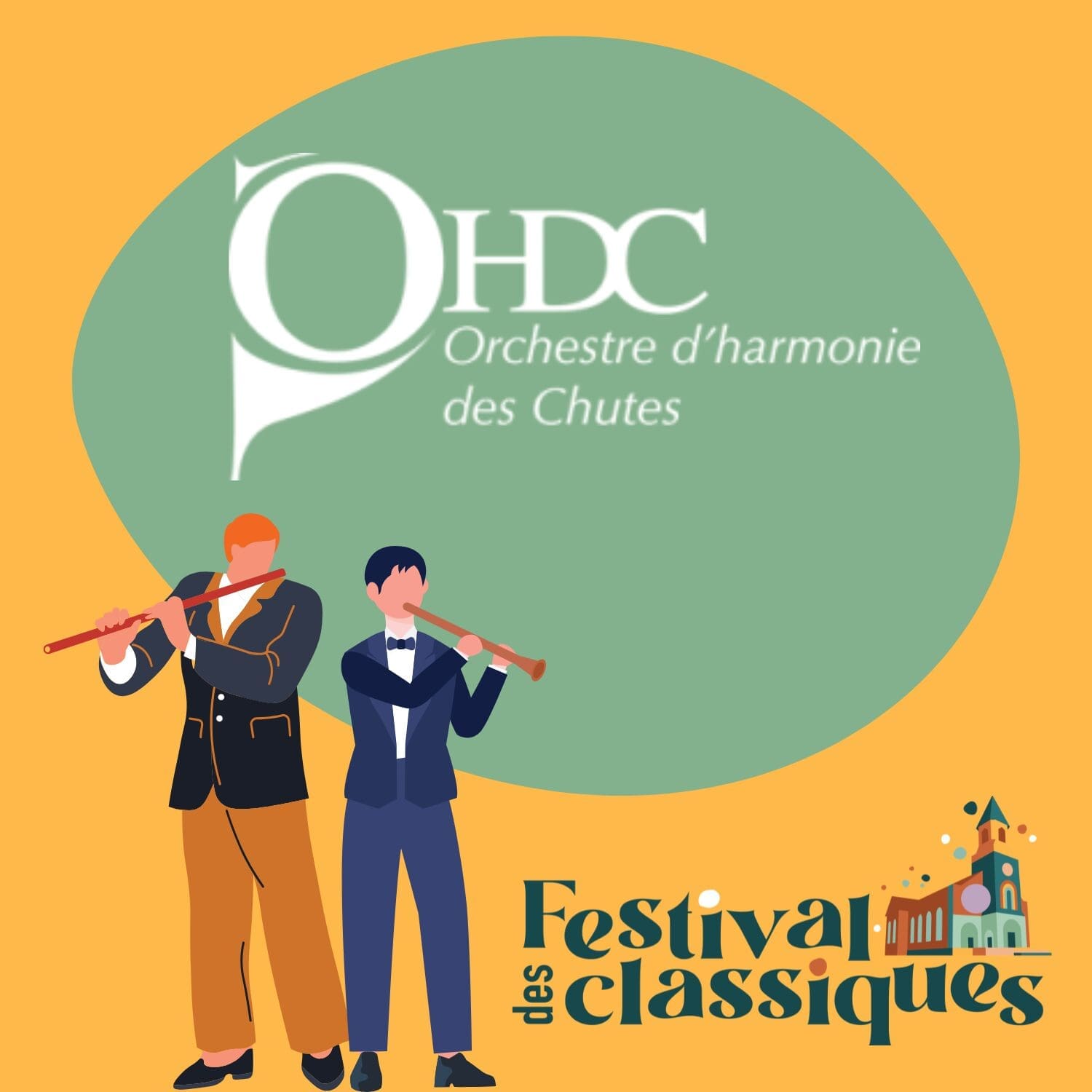 Deux musiciens illustrés jouent de la flûte sous le logo de l'Orchestre d'harmonie des Chutes (OHDC). Le texte 