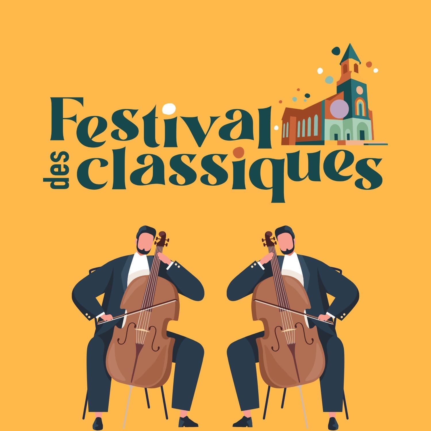 Deux hommes en costume jouent du violoncelle devant un texte stylisé indiquant 