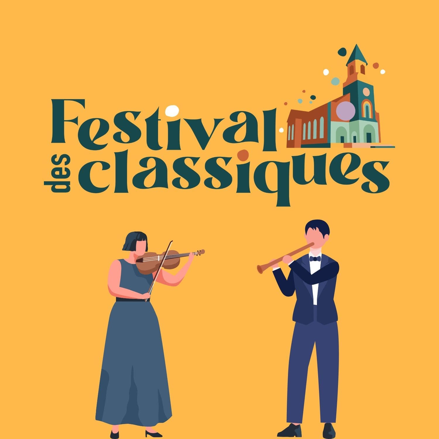 Illustration d'une femme jouant du violon et d'un homme jouant de la flûte sous le texte 
