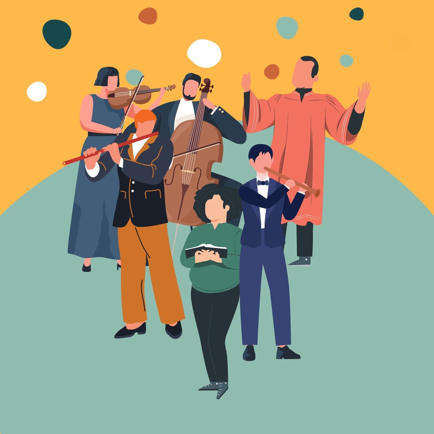 Un groupe de six personnes jouant de la musique : un violoniste, un violoncelliste, un flûtiste, une personne jouant d'un instrument à vent, une chanteuse en robe et un chef d'orchestre, le tout sur un fond stylisé et coloré.