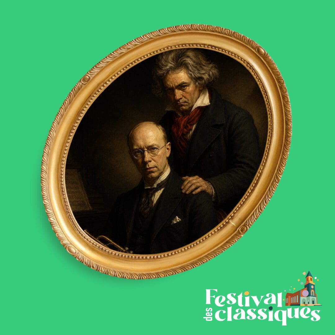Une peinture classique dans un cadre ovale représentant deux hommes à l'air grave, vêtus de noir, l'un debout derrière l'autre, sur un fond vert. L'inscription « Festival des classiques » figure dans un coin, accompagnée d'une illustration représentant une église.