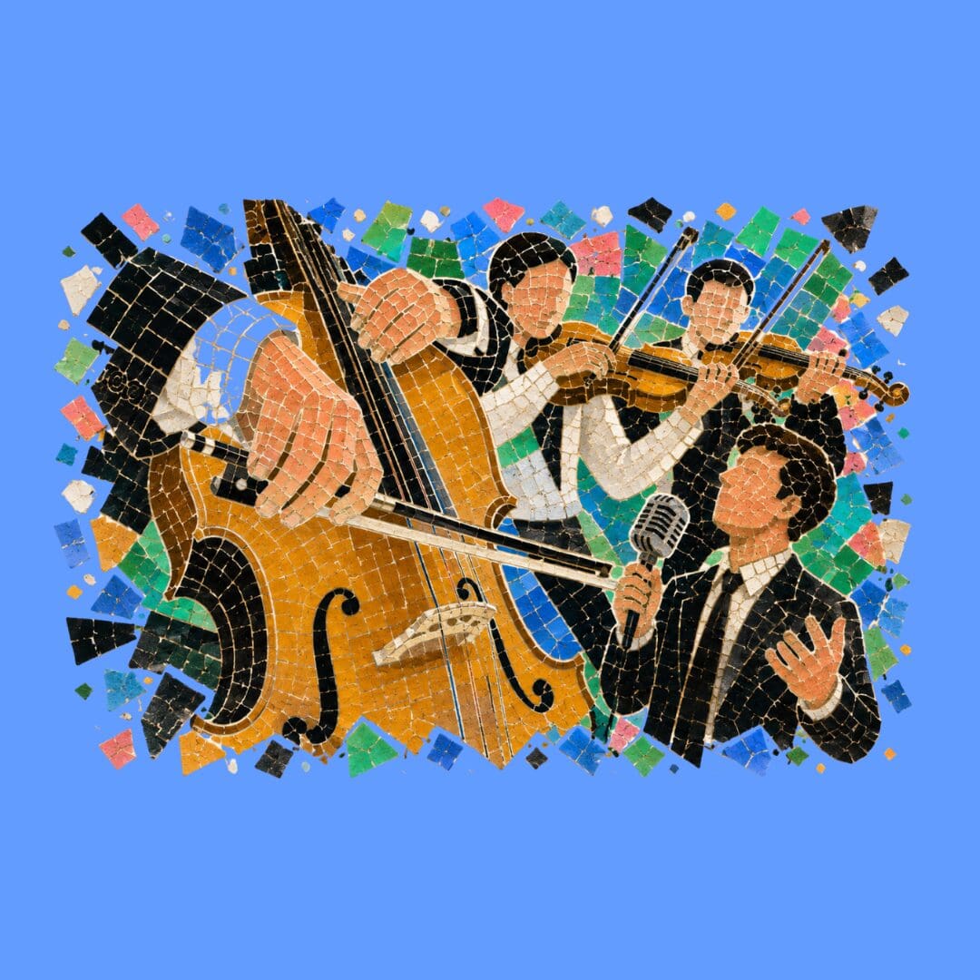 Une illustration de style mosaïque représentant des musiciens jouant du violoncelle et du violon, accompagnés d'un chanteur tenant un micro, avec des formes géométriques colorées en arrière-plan.